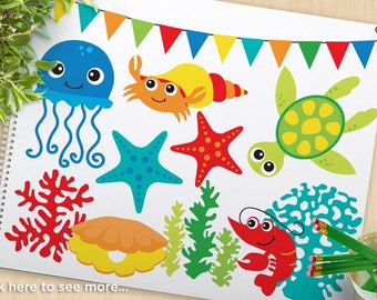 Under the Sea (#3) Clipart, Starfish, Sea Shells, ocean, beach, jellyfish, octopus, crab, turtle, commercial use, vector clipart, SVG Cut