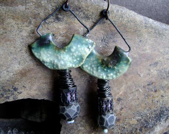 Assemblage earrings with artisan ceramics and polymer beads, mixed media jewelry, filigree beads, handmade ooak earrings, Anvil Artifacts