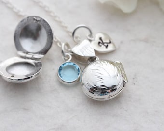 Small Silver Round Locket Necklace -Sterling silver Fancy Engraved Locket with two personalized charms of your choice. R-5