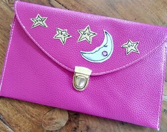 Moon and stars glittery clutch handbag/ gold and silver handbag/ pink leather statement clutch