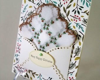 Beautiful Vintage Embroidered Handkerchief Birthday Card Friend Mother Sister Many Happy Returns Keepsake Gift Hanky Greeting Card