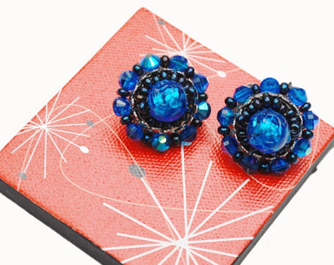 Hobe Bead Cluster earrings - Blue Art Glass - silver black - clip on earring