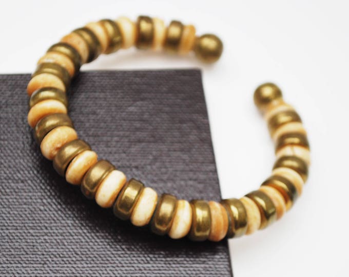 Boho Bone Gold Bead cuff Bracelet - Brass Wood Beads - Cuff Bangle