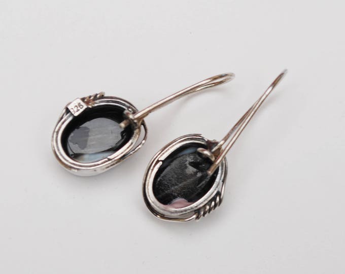 Black white Gemstone Sterling drop earrings - Agate - Zebra stone - Silver dangle earring