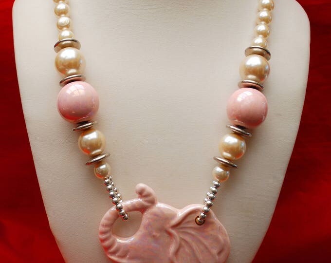 Pink Elephant Pearl Necklace - Ceramic beads -white pearls silver - funky necklace