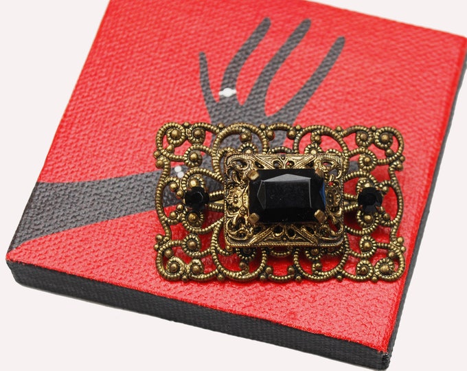 Black Glass Brass Brooch - rectangle gold filigree - mourning pin