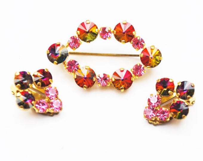 Pink Rivoli rhinestone Brooch earrings set - signed Austria - Pink yellow crystals - Gift for her