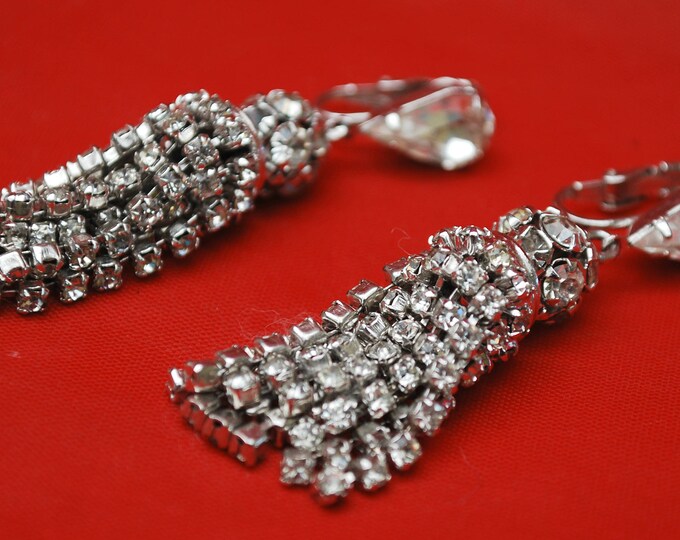 Rhinestone Earrings - Dangle Crystal Ball - Tassel - Chandelier Clip on earrings