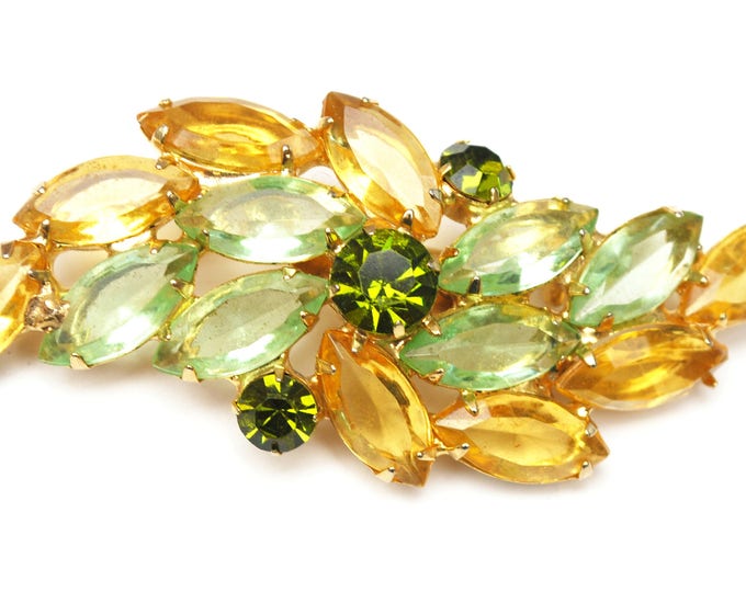 Rhinestone Bar Bow Brooch - open work gold setting - Green yellow Crystal - Orange Glass - Floral pin