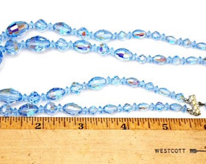 Graduated Bead Necklace - Light Blue facet cut crystal - Glass Beads - Rhinestone clasp