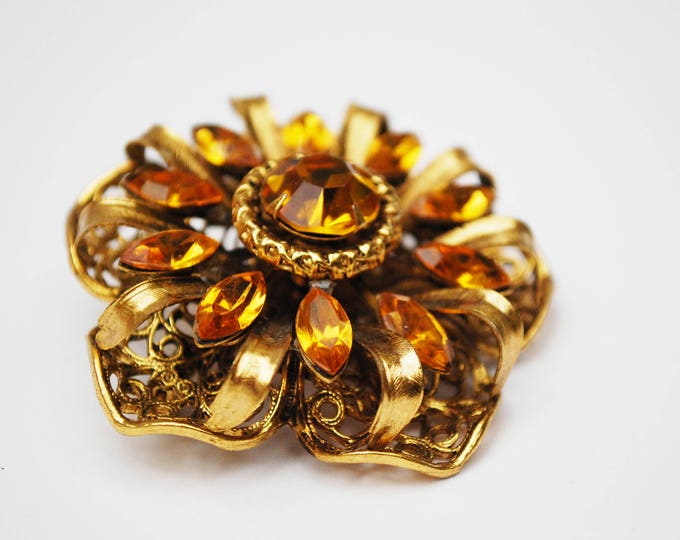 Rhinestone Flower Brooch - Amber Orange Crystal - Gold Filigree - Floral pin