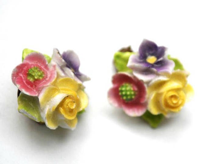 Artone Flower Brooch earring set - Bone China - Pink Blue ceramic -Made in England - Floral pin - Clip on earrings