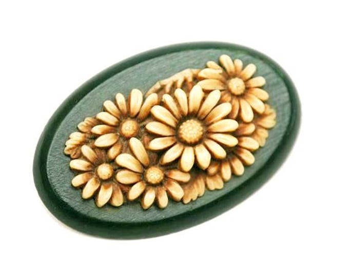 Celluloid Flower Brooch - Creamy Brown early plastic - Green wood - Oval Floral Pin