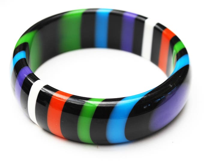 stripped Lucite bangle - Purple Black orange green blue stripes - vintage plastic bracelet