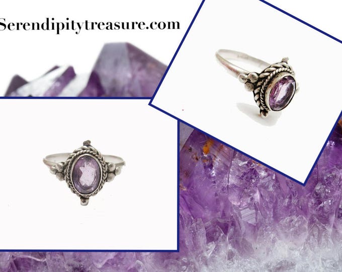 Sterling Amethyst Ring - Purple Gemstone Beveled twisted silver Setting - size 7