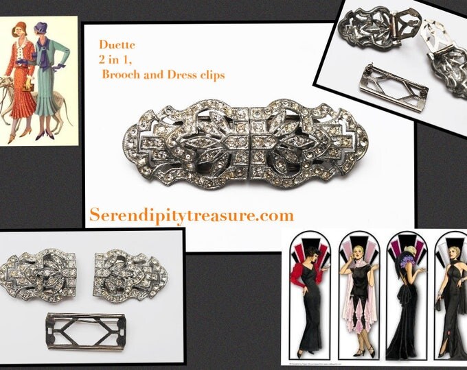 Art Deco Duette - Brooch Dress Clip - Rhinestone - Silver Pot metal - 2 in one