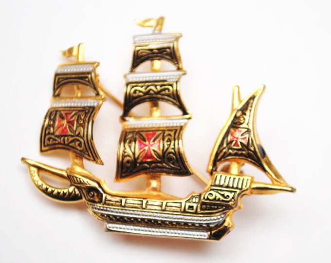 Damascene Boat Brooch - Gold and Black enamel - Signed Spain - Sail boat figurine pin