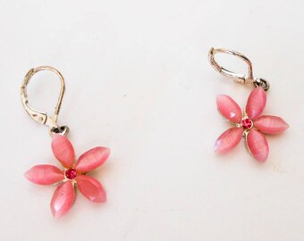 Vintage Pink Flower Rhinestone Drop Earrings For Pierced Ears