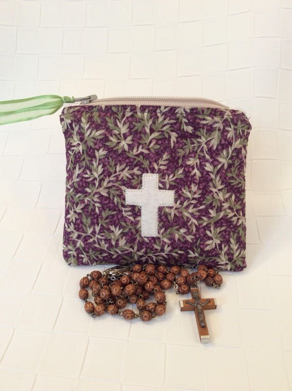 Zipper rosary pouch in purple and green leaf patterned fabric