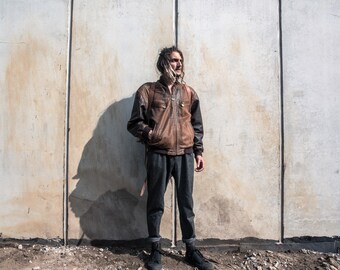 Bomber Leather Jacket 60s Aged Brown Aviator Flight Jacket Distressed Leather