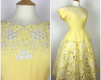 Vintage 1940s Dress - 40s Yellow Floral Cut Work Lace Embroidered Dress - 40s Summer Party Dress - Small Medium UK 10-12 / US 6-8 / EU 38-40
