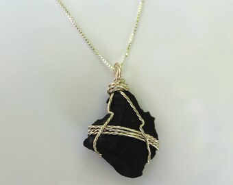 Shungite Pendant Necklace Wire Wrapped Raw Stone Sterling Silver Chain 18" Healing, Protective, Balancing, Calming, Positive Energy