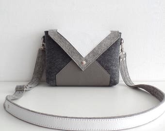 Gray White Wool Felt Genuine Leather Crossbody Bag