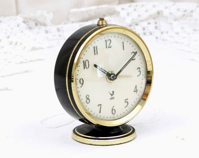 Working Mid Century Vintage Small French Jaz Mechanical Wind Up Black and Gold Colored Metal Alarm Clock, Retro 1960s Bed Side Timepiece
