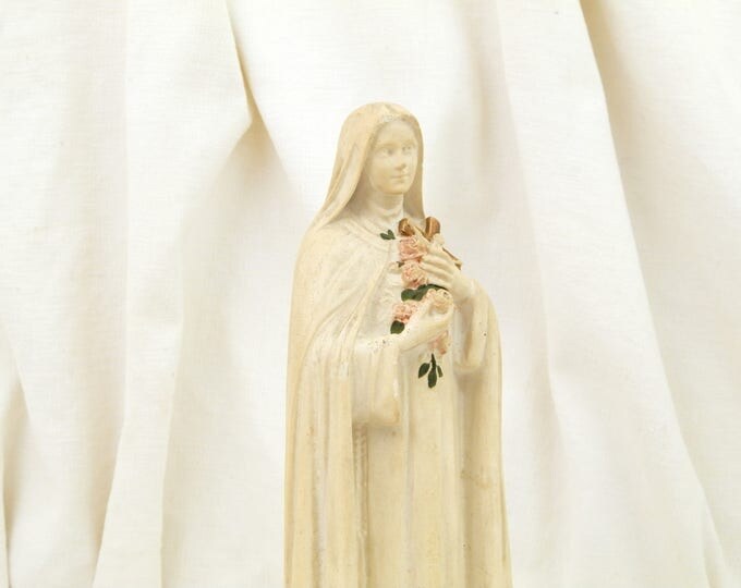Antique French Religious Statue of Saint Teresa Chalkware Plaster of Paris, St Therese of Lisieux in Normandy Catholic Christian Sculpture