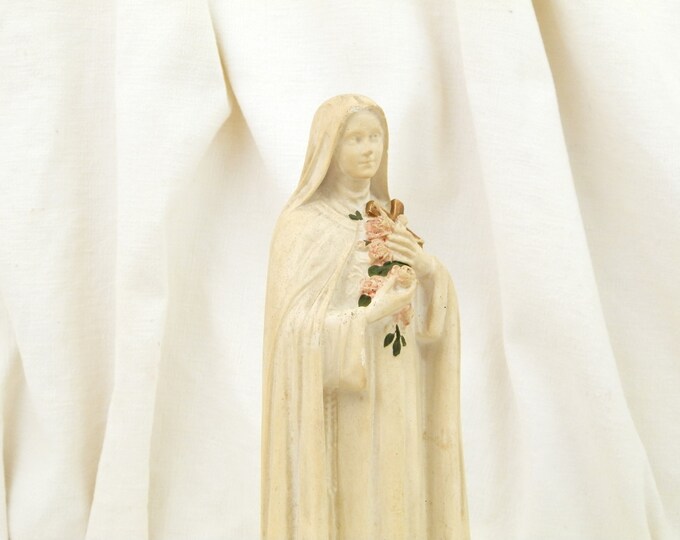 Antique French Religious Statue of Saint Teresa Chalkware Plaster of Paris, St Therese of Lisieux in Normandy Catholic Christian Sculpture