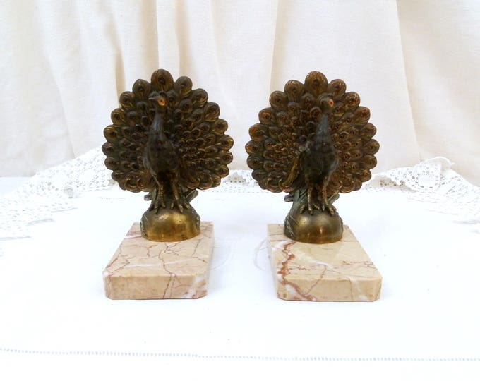 Antique French Art Deco Cold Painted Metal Peacocks on Pink Marble Bookends, Bird Book Buttresses From France, Animal Book Ends, Retro Home Antique French Art Deco Cold Painted Metal Peacocks on Pink Marble Bookends, Bird Book Buttresses From France, Animal Book Ends, Retro Home