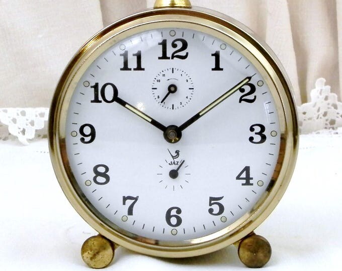 Vintage Mid Century Working Mechanical Wind-Up Alarm Clock by Jaz, Bedside French Clock, 1950 Retro Timepiece from France Vintage Mid Century Working Mechanical Wind-Up Alarm Clock by Jaz, Bedside French Clock, 1950 Retro Timepiece from France
