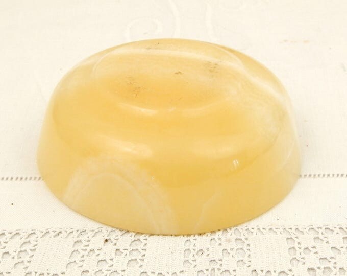 Vintage Carved Pale Yellow Veined Onyx Stone Bowl, Agate Trinket Vessel, Retro Vide Poche,