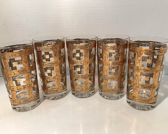 Bar Ware Drinking Glasses 5 PC Set Vintage 1950s -60s 24Kt Gold Plated Vintage Chic Highball's