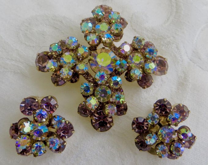 Juliana Rhinestone Brooch Set, Maltese Cross, Clip Earrings, Aurora Borealis & Lavender Rhinestones, 1960s Jewelry