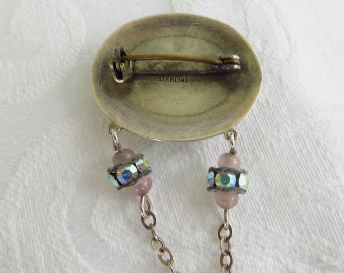 Vintage Camphor Glass Brooch, Sterling Silver, Bead and Chain Dangles, Camphor Jewelry
