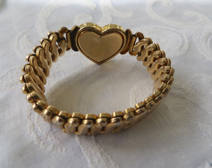 Gold Filled Sweetheart Bracelet, Etched Heart, Signed Carl Art, Expansion Bracelet, 1940s Bracelet