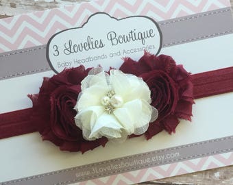 Maroon and Cream Headband..Baby Girl Headband..Baby Headband..Newborn Headband.Headband..Headband..Maroon and Cream.Baby..Baby Girl