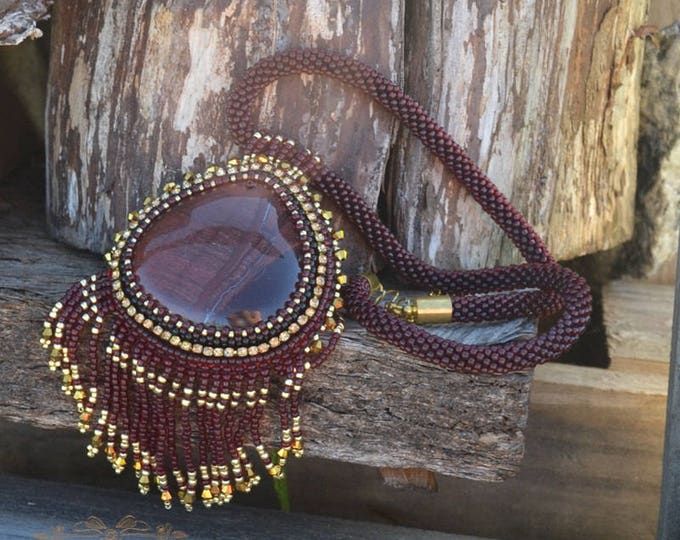Imperial necklace Large Beaded Stone Necklace Stone effect catseye Red gold Fringe necklace Beadwork necklace Seed beads Tube mineral