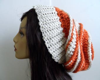 Slouchy hat, crochet hat, loose fitting slouchy beanie, unisex beanie, ribbed beanie, crochet beanie, handmade beanie, orange, beige