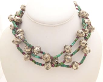 Turquoise, Garnet and Sterling Silver Triple Strand Choker Necklace