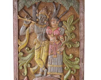 Indian Carving Door Vintage Hand Carved Krishna Radha Carving spiritual Sculpture, Eclectic Interior