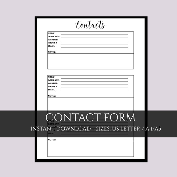 Contact page contact printable A4 planner pages contact