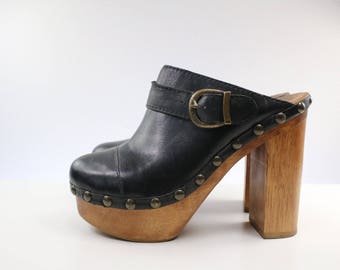 Vintage Black Leather Wooden Clogs Size EUR 36 Genuine Leather