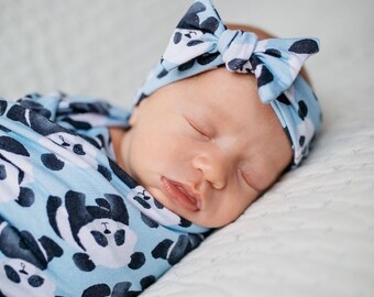 Powder Blue Panda Swaddle and Headband Set / Swaddle Blanket / Knit Swaddle/ Newborn