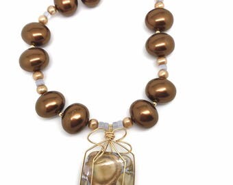 Peanut Jasper, Mother of Pearl, Natural Chalcedony and Golden Pearl Statement Necklace // necklaces // jewelry // pendant // gifts for her