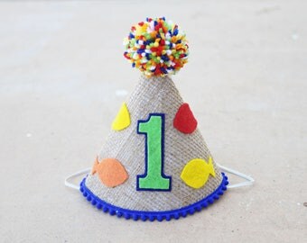 Boys 1st Birthday Gone Fishing Burlap Party Hat - Fish First Birthday