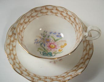 Antique Royal Albert Tea Cup and Saucer, Hand Painted Flowers, Basket Weave tea cup and saucer set.