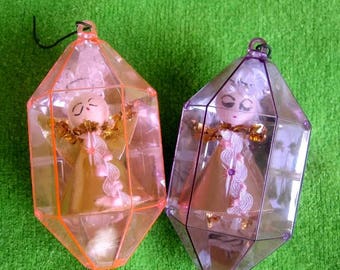 Set of 2 vintage plastic JewelBrite Christmas ornaments diorama prism vintage Jewel Brite ornament Angel pastel Chrismas tree ornaments