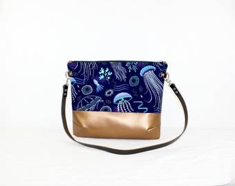 Jellyfish copper cross body bag with leather handle, ladies handbag, handbag, shoulder bag, Tote, ladies bag
